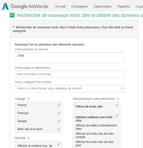 Google Adwords Rechercher Mots-clés