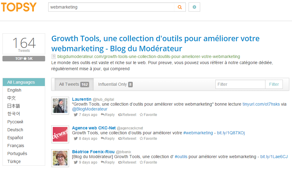 Topsy Identifier les contacts partage contenus